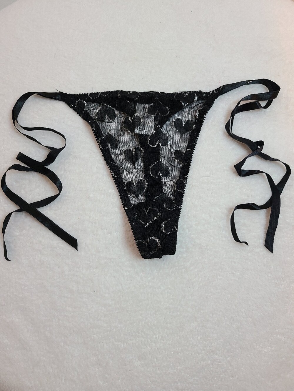 Rare VTG No Boundaries Sheer Heart Mesh Side Tie V-string Thong Panty Size M
